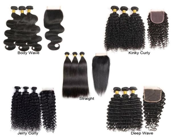

brazilian virgin human hair extensions 3 bundles with lace closure straight jerry kinky curly body deep wave bundle with 4x4 closu7779862, Black;brown