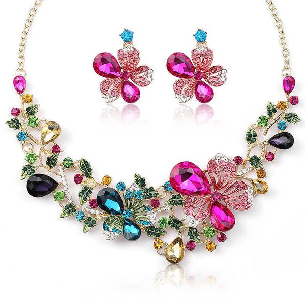 

new multicolored flower necklace set women light luxury gorgeous bride painted oil collarbone chain 230628, Silver