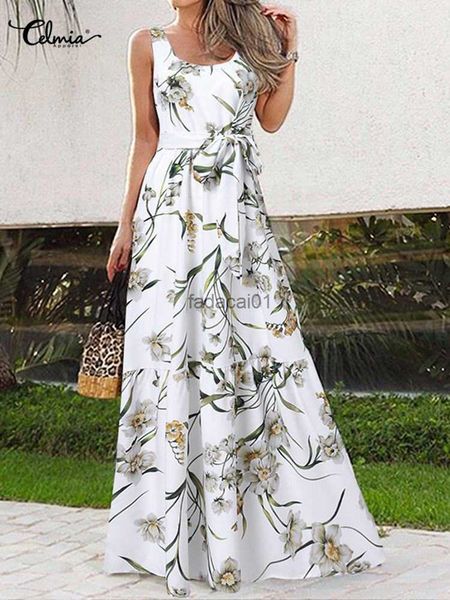 

women summer dresses bohemian elegant floral print long party dress 2023 sleeveless holiday casual belted thin maxi robe l230621, Black;gray