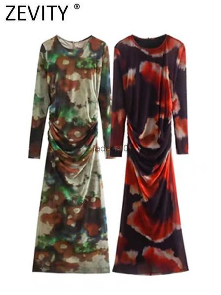 

zevity women vintage o neck floral print side pleats mesh slim midi dress female chic back zipper brand party vestidos ds2819, Black;gray
