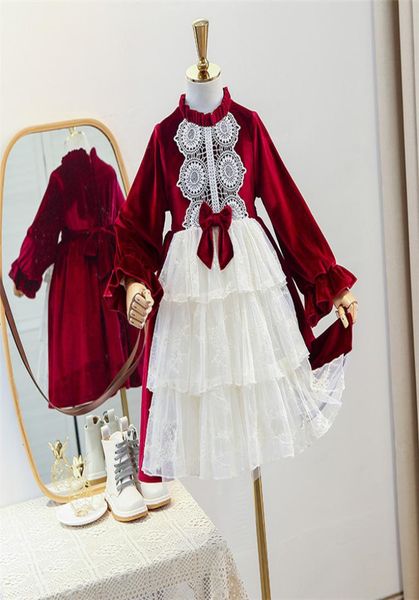 

sweet girls xmas pleuche princess dress winter children ruffle collar long sleeve velvet dress lolita kids lace thicken party dres3823547, Red;yellow