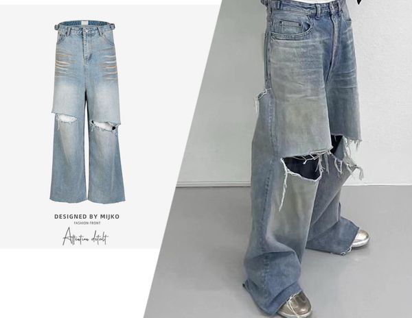 

mens hip hop ripped jeans distressed double layer baggy denim pants fashion streetwear harajuku blue jeans