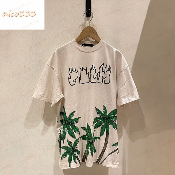 

23ss new t shirt coconut tree skull print pattern apricot cotton loose personality street versatile men women casual, White;black
