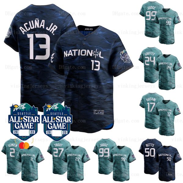 

2023 all star baseball jerseys 99 aaron judge 11 rafael devers 25 byron buxton 17 shohei ohtani 27 mike trout 2 semien 13 ronald acuna jr. 5, Blue;black