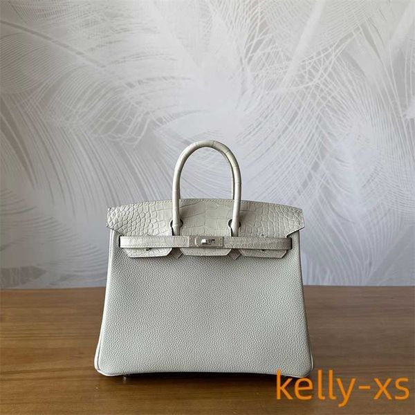 

designer 5a h ermess birkins handbag handmade wax thread women's bag touch bag crocodile skin patchwork togo cowhide pearl grayqq