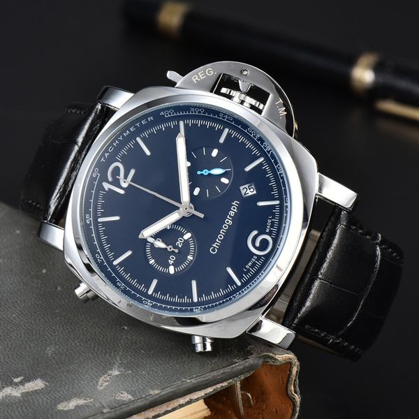 

paner wrist watches for men 2023 mens watches five needles all dial work quartz watch luxury brand chronograph clock leather and steel belt, Slivery;golden
