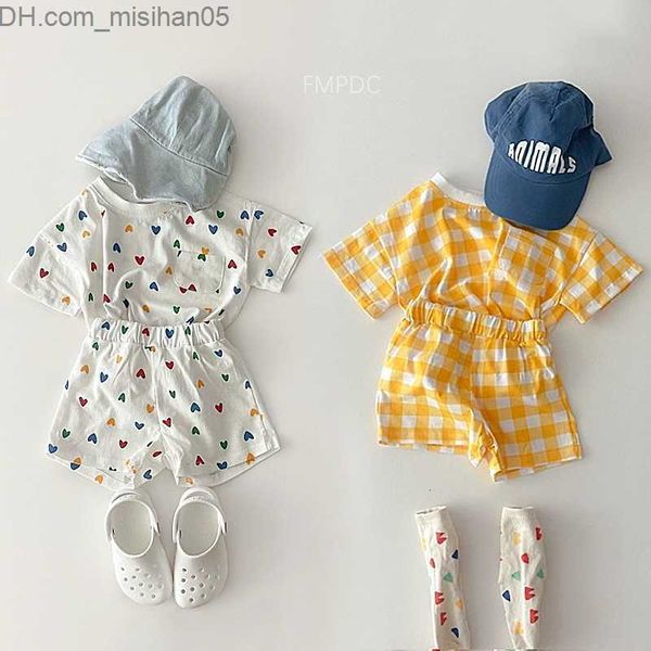 

clothing sets clothing sets 2023 summer baby girls clothes set o neck tees heart print t shirt plaid shorts 2pcs korean infant suits casual, White