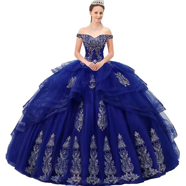 

sparking royal blue lace quinceanera dresses off the shoulder gold applique ball gown floor length even prom dress 2023 vestido de festa new, Blue;red