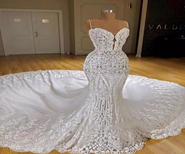 

gorgeous lace mermaid wedding dresses spaghetti appliques beaded illusion bodice sweep train beach wedding dress custom made count9672917, White