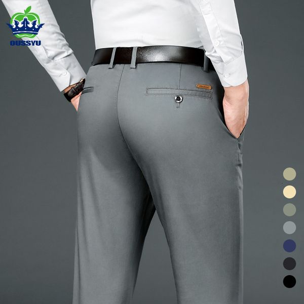 

men s pants brand clothing straight fit suit men spring summer business stretch grey khaki black thin trousers male size 40 42 230701