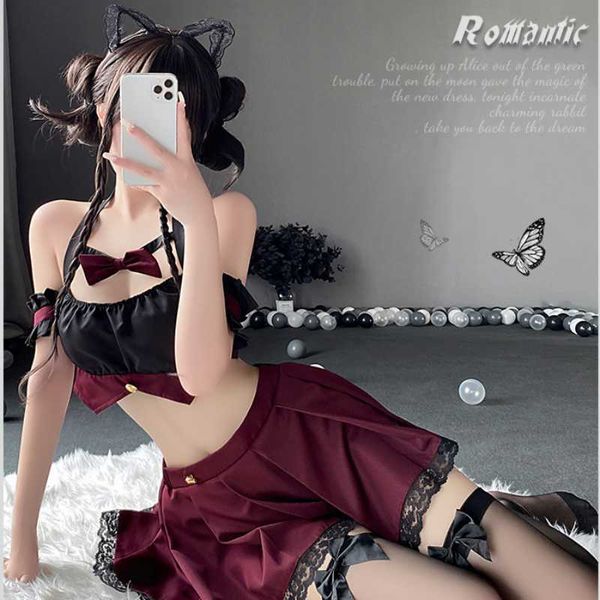 

set lingerie anime devil girl outfit school girl uniform student costumes mini skirt deep v-neck backless sleepwear sethkd230703, Black;white