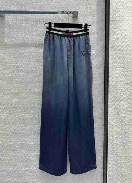 

women's jeans designer fashionable, handsome, personalized, elastic waist, light and thin silk denim wide leg pants, casual high slim g, Blue