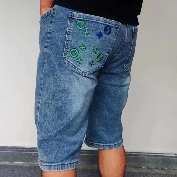 

mens jeans summer denim shorts casual designer jeans classic monogram embroidered denim shorts slim pants for men, Blue