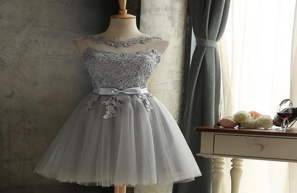 

scoop neck tulle knee length bridesmaid dresses with appliques 2019 gray short party dress lace up4546570, White;pink