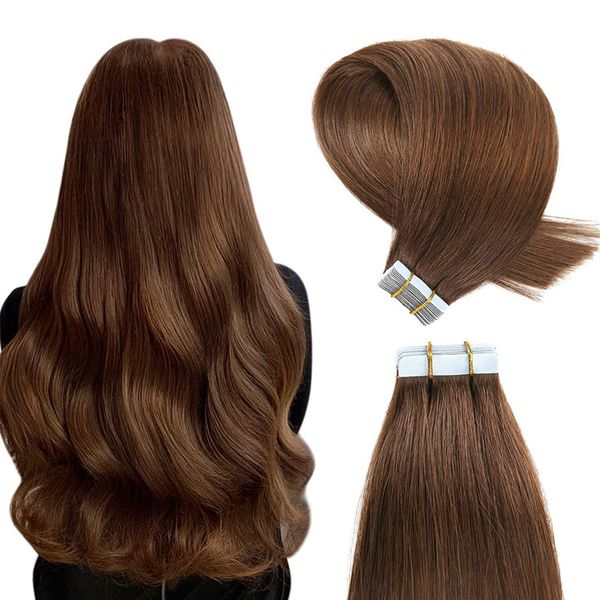 

adhesive tape virgin hair extensions 4# middle brown prebonded human hair extension pu skin bleached 40pcs/100g 18-24 inch in stock, Black