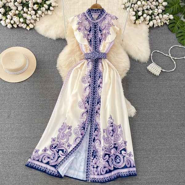 

high end light luxury and elegant temperament flying sleeves stand up collar waist up single breasted dress a-line printed long skirt, Black;gray