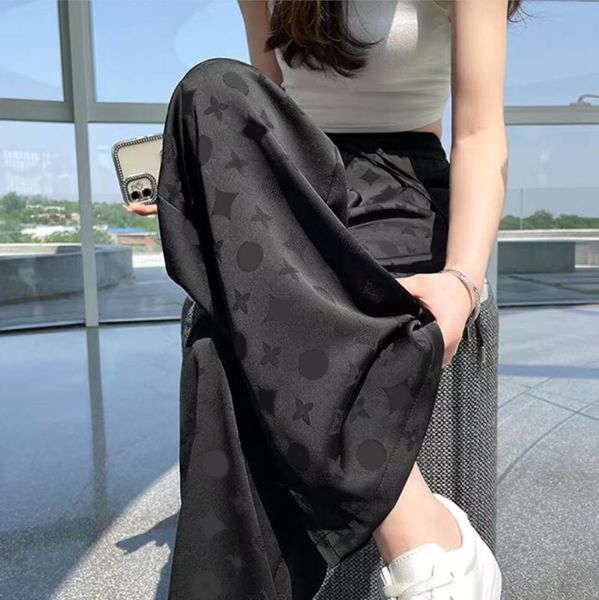 

spring designer print women pants high-waisted luxury casual wide-leg pants long ice silk fabric breathable and comfortable s-4xl, Black;white