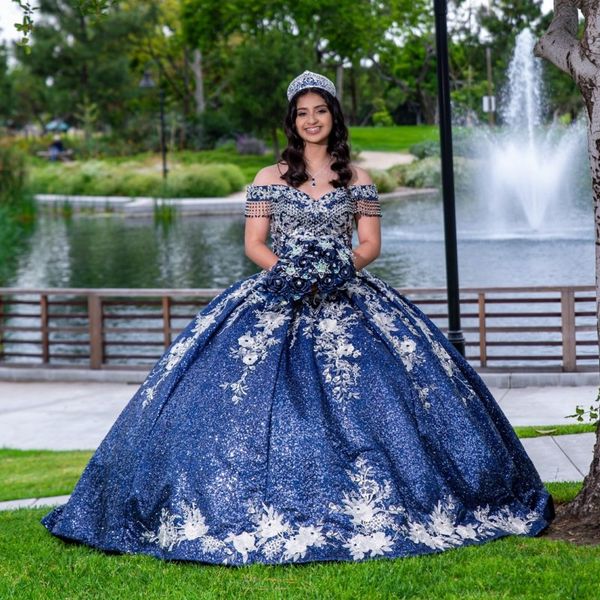 

navy blue shiny beaded ball gown quinceanera dresses applique lace sweet 16 dress pageant gowns vestidos de 15 anos, Blue;red