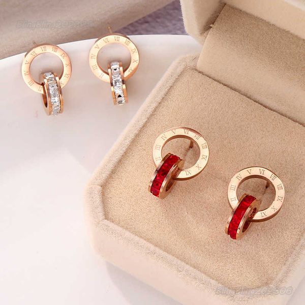 

crystal diamond stud earrings rose gold fashion titanium steel double wound roman numerals studs earring for women gift jewelry never fade n, Golden;silver