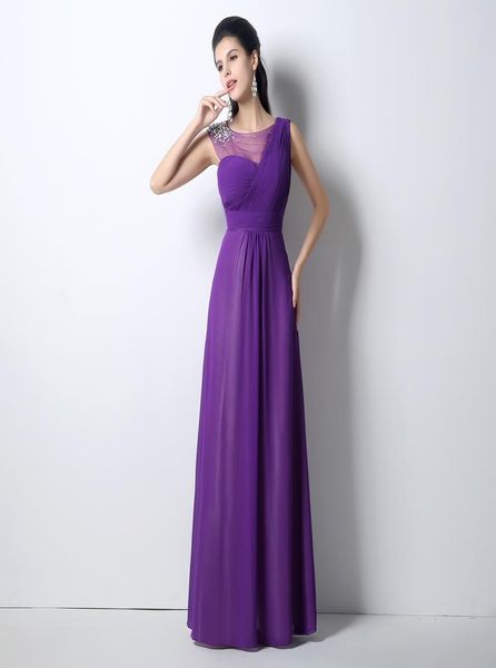 

2021 women purple chiffon evening dresses a line floor length long illusion neck bridedmaid party gowns with crystals beads2535187, Black;red