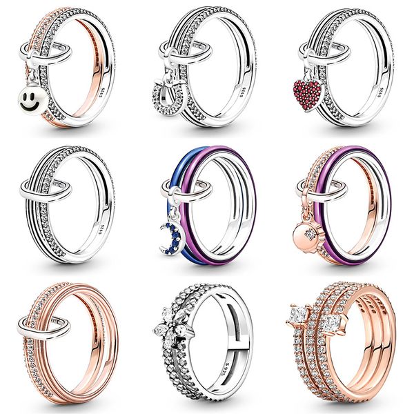 

new 925 sterling silver wedding rings for women diy fit pandora me sparkling rose base crystal finger ring crown party jewelry, Slivery;golden