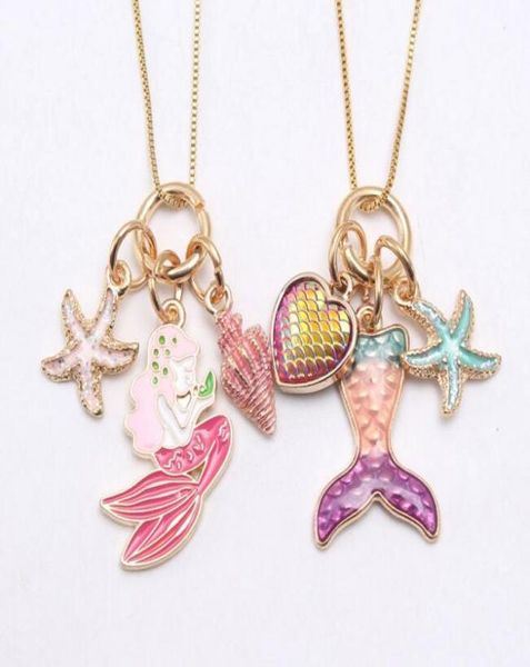 

2 colors kids jewelry necklace mermaid starfish pendant necklace kids girl long chain necklae for party jewelry gift3736747, Red;brown