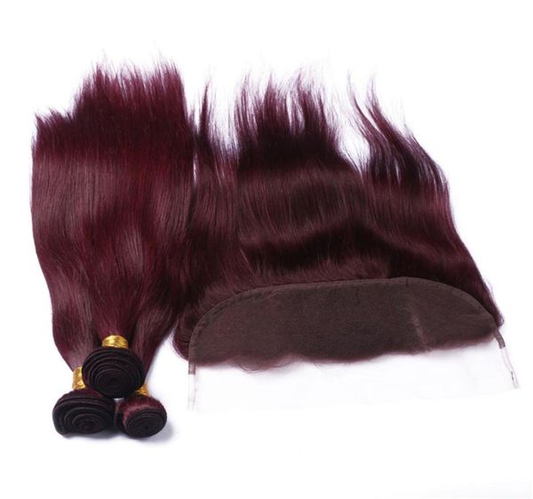 

wine red human hair bundle deals with frontal closure straight 99j burgundy 13x4 ear to ear lace frontal closure with virgin hair2255522, Black;brown