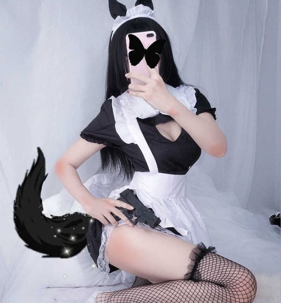 

set lace cute lingerie young girl student role play uniform anime sleepwear maid night dress sweet lolita cosplay maid costumehkd230703, Black;white