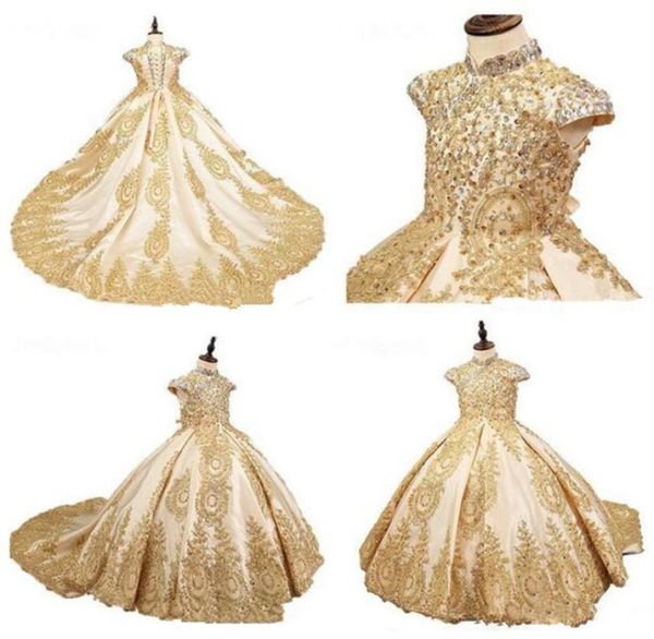 

2020 gold lace applique ball gown flower girls dresses sweep train high neck kids communion gowns beauty child girls pageant dress2891038, White;blue