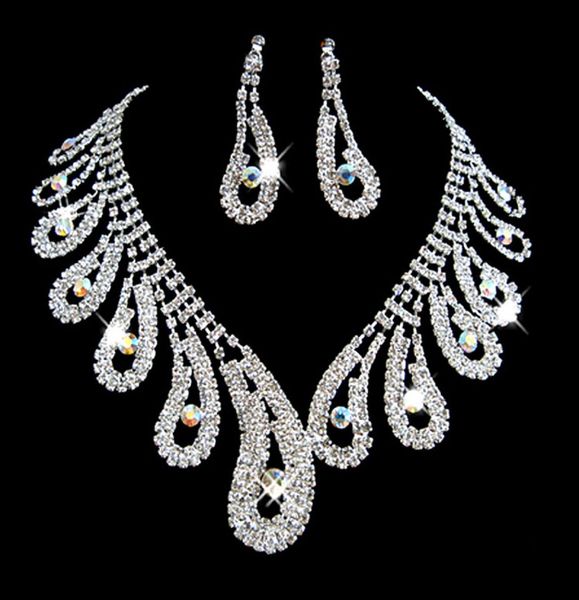 

fashion rhinestones bridal jewelry sets silver crystals wedding necklaces and earrings for bride prom evening party accessories4073755, White