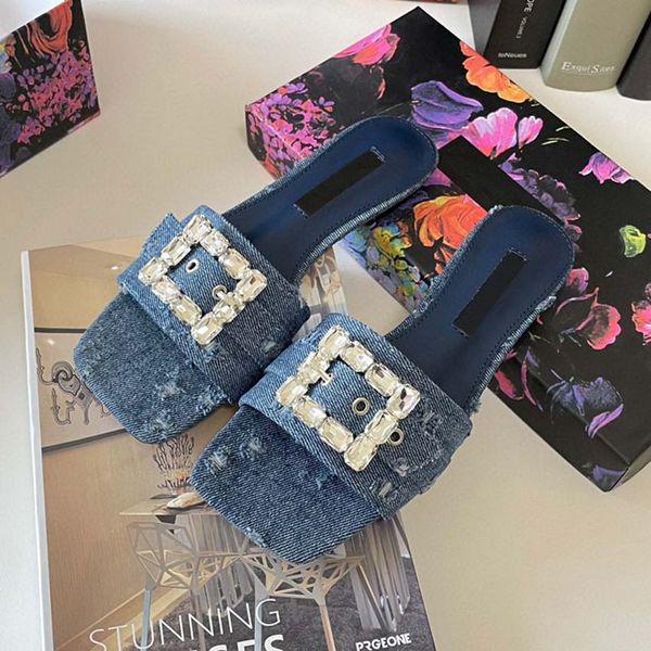

designer slippers women's slippers rhinestone denim flat bottom slippers feet pad sheepskin metal buckle summer women's shoes 35-4, Black