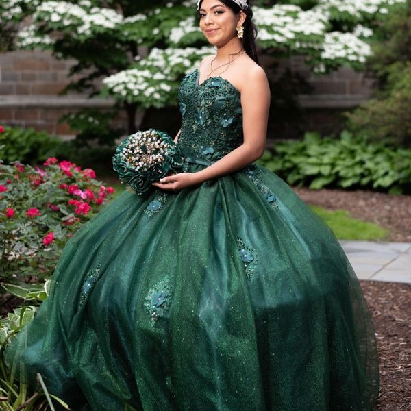 

blackish green shiny sweetheart quinceanera dresses ball gown for sweet girls sequins 3d flowers beading party princess prom dress, Blue;red