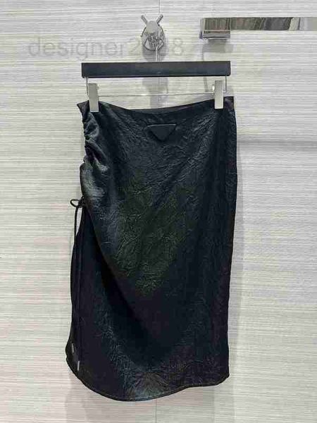 

skirts designer minimalist fashion drop feeling pinched pleated acetic acid half length skirt elegant temperament side drawstring lace up ir, Black