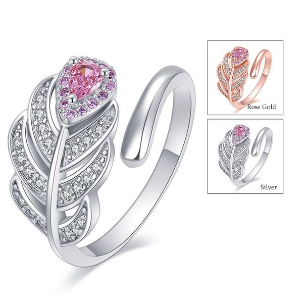 

luxury cz diamond feather rings adjustable size women fashion wedding party statement ring jewelry, Silver