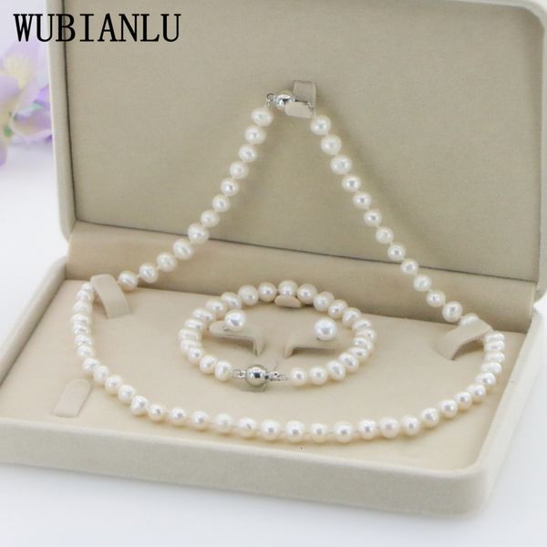 

earrings necklace wubianlu 4 colors charming women 7-8mm white real pearl necklace bracelet earring jewelry wholesale and retail 230703, Silver
