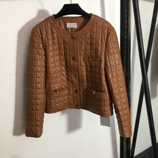 

23ss womens designer clothing women leather jacket carriage gold buckle embroidery plaid 100% imported sheep leather leather crew-neck coat, Black