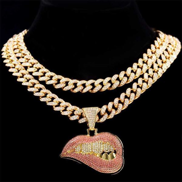 

pendant necklaces men women hip hop bite lip shape necklace iced out bling crystal cuban cz stainless steel chain trendy jewelry 230613, Silver