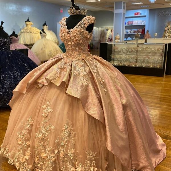 

rose gold quinceanera dresses applique 3dflower sweet 15 16 ball gowns dress for women birthday gowns vestidos de fiesta, Blue;red