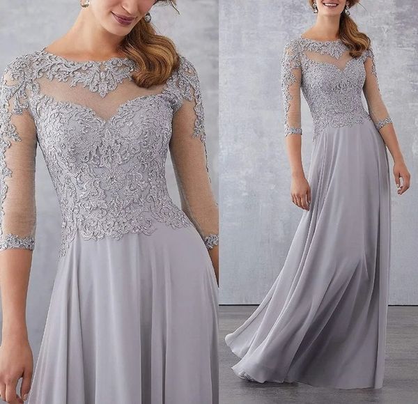 

women mother of the bride dress three quarter sleeve illusion scoop a-line chiffon wedding party gowns champagne silver lace appliqued, Black;red