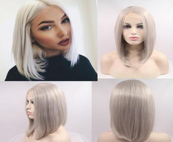 

short silver gray bob lace front wigs for women heat resistant fiber platinum blonde bob synthetic hair wigs middle part9311952, Black
