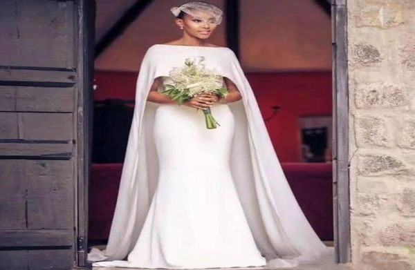 

simple country mermaid wedding dresses with long sweep wraps bateau neck formal party gowns for bride3067575, White