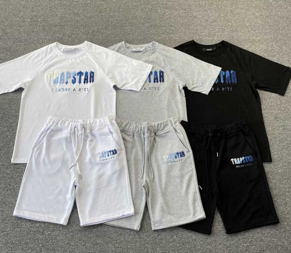 

men's t shirts women's trapstar white blue towel embroidery short sleeve shorts set spring summer fashion streetwear t-shirt motio, Gray