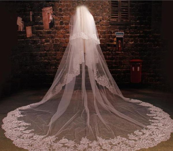 

cathedral lace bridal veils wedding veil promotion with comb twolayers beautiful lace appliques v us de noiva 0755775096, Black