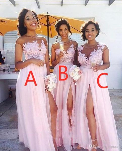 

lace blush pink 2021 arrival a line bridesmaid dress jewel tulle appliques illusion sweetheart zipper chiffon split floorlength d4381237, White;pink