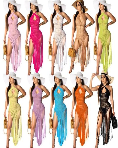 

women beach swimsuit cover up dresses handmade crochet mesh crop hollow halter bikini tassel long skirts one piec4057154