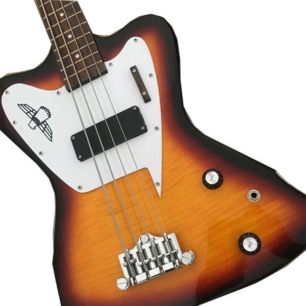 

four string sunset color electric bass, tiger maple veneer, white guard board