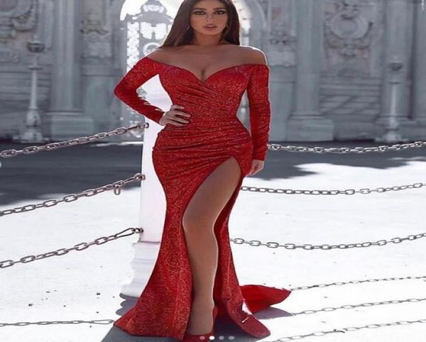 

long sleeve sequin red prom dresses with side slit custom made mermaid crisscross evening gowns party dress for women7705022, Black