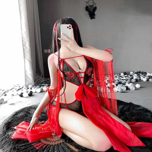 

set new japanese style cosplay costumes ribbon lace dancing suit for women erotic lingerie see through red slim curve bodysuithkd230703, Black;white