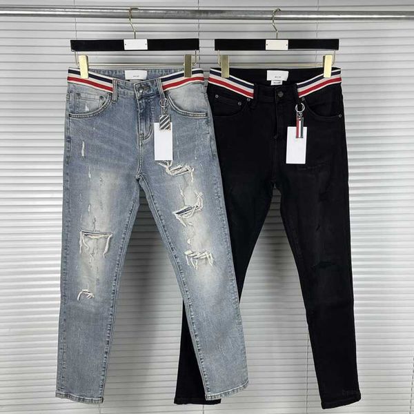 

men's jeans 2023 fashion brand tb thom jeans men spring autumn jeans hole casual straight regular stretch denim trousers striped men&#0, Blue