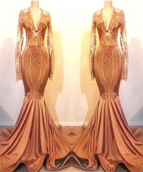 

orange deep v neck satin mermaid prom dresses 2019 sheer long sleeves lace applique sweep train formal party evening gowns bc11155617669, Black